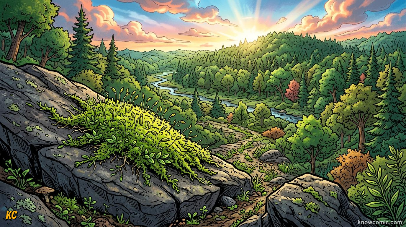 Comic panel about moss the ancient land pioneer: The Big Picture, educational kids illustration
