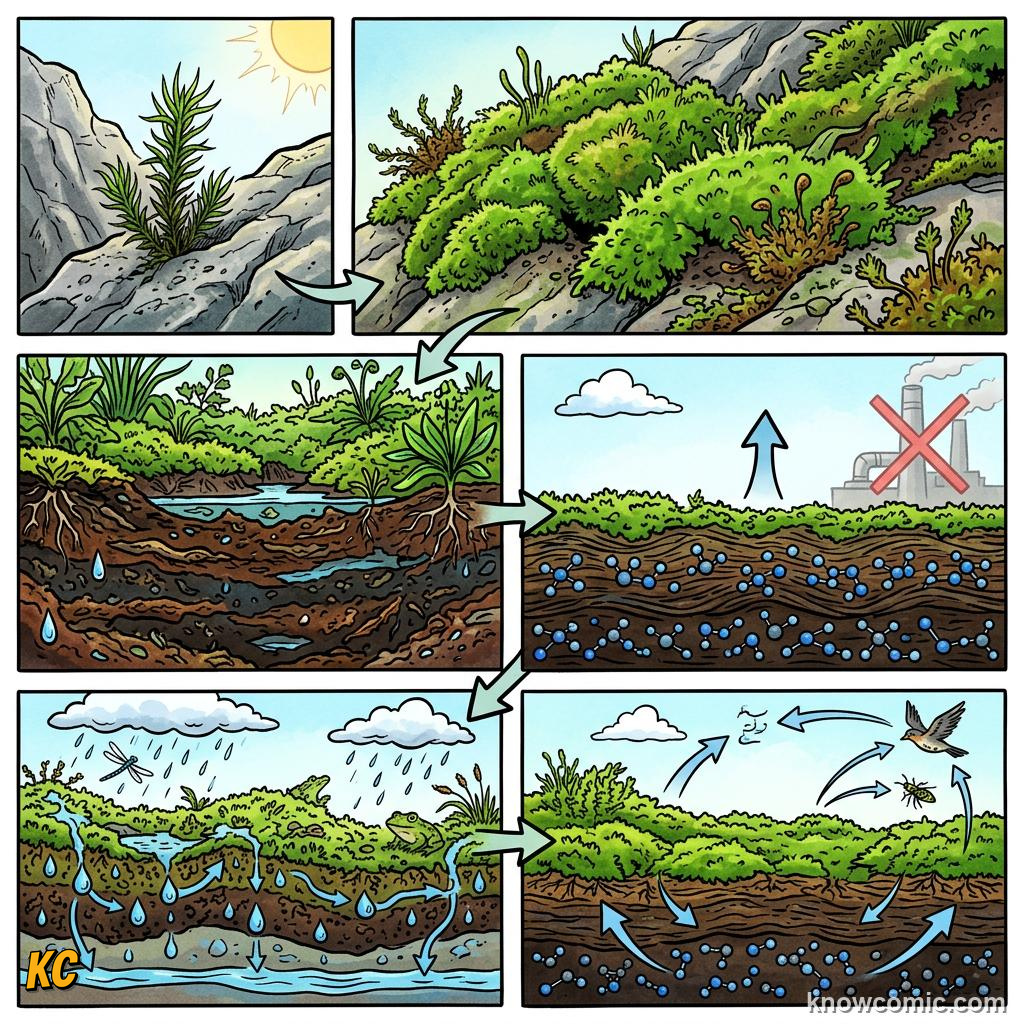 Comic panel about moss the ancient land pioneer: Moss Proved Land Life Could Work, Takeaways, educational kids illustration