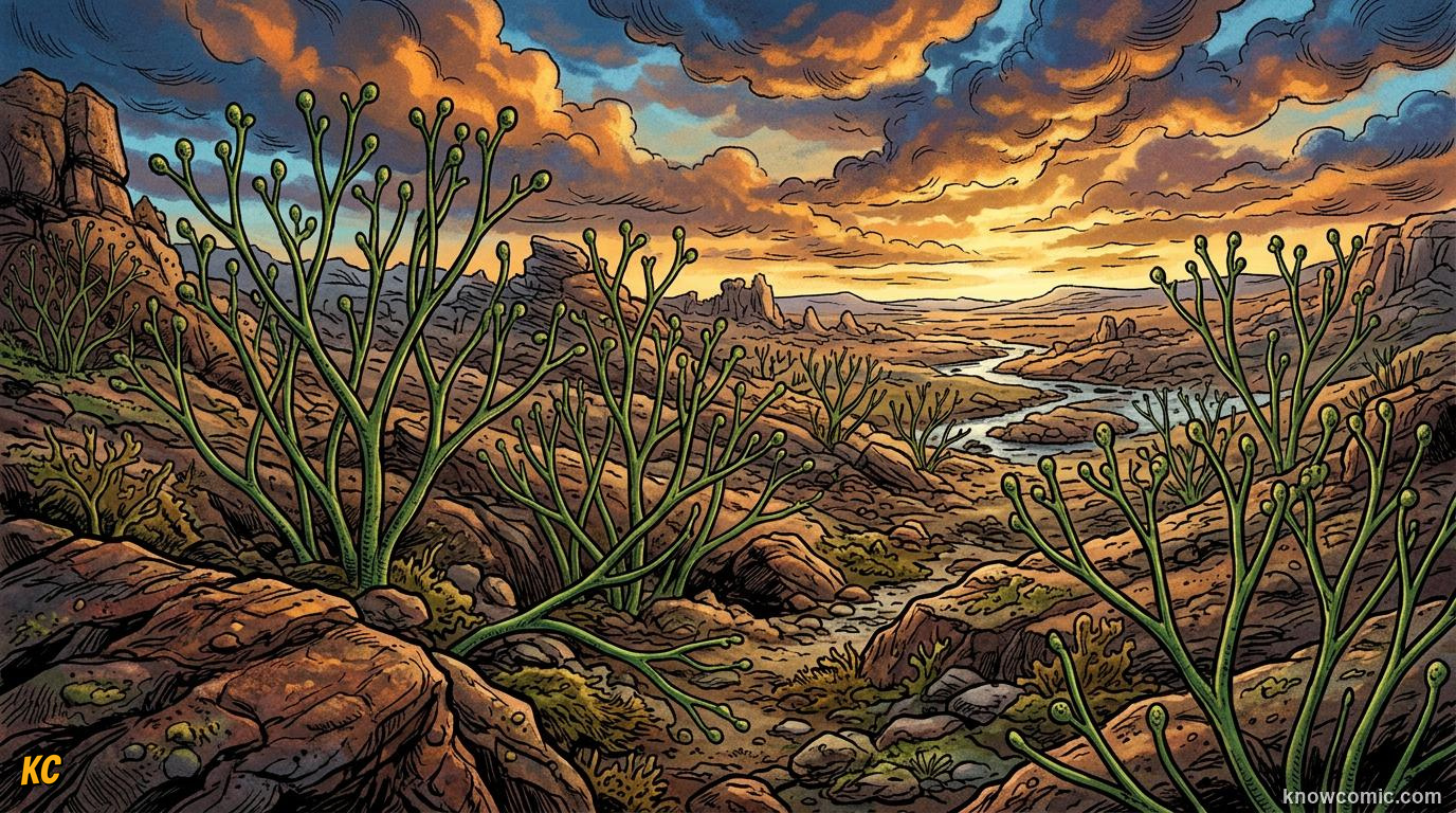 Comic panel about the origin of leaves: Before The Leaf, educational kids illustration