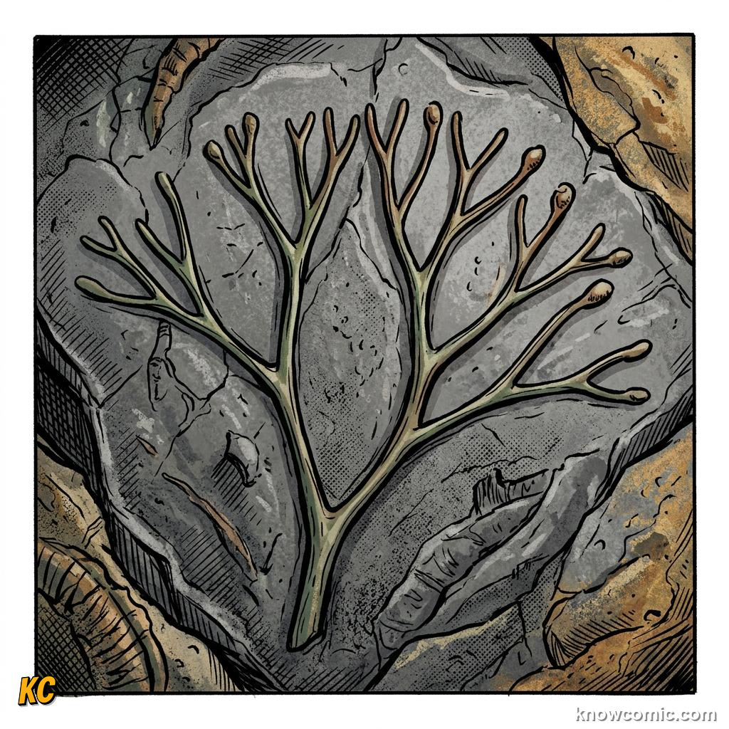 Comic panel about the origin of leaves: The First Land Plants Had No Leaves, Early Look, educational kids illustration