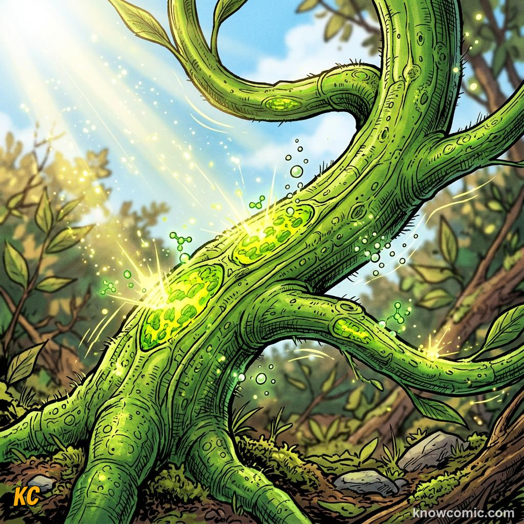 Comic panel about the origin of leaves: Photosynthesis, educational kids illustration