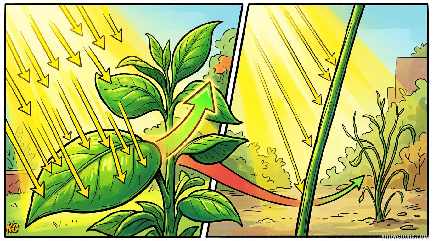 Comic panel about the origin of leaves: Sunlight Engine, educational kids illustration