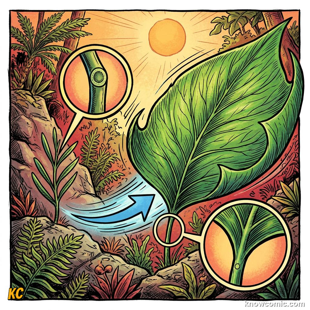 Comic panel about the origin of leaves: Flat Surfaces Capture More Light, Surface Area, educational kids illustration