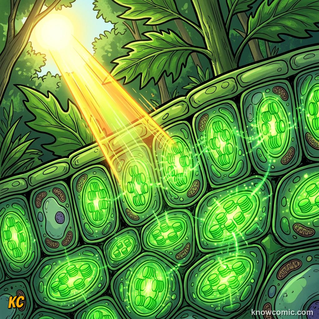 Comic panel about the origin of leaves: Flat Surfaces Capture More Light, Chlorophyll, educational kids illustration