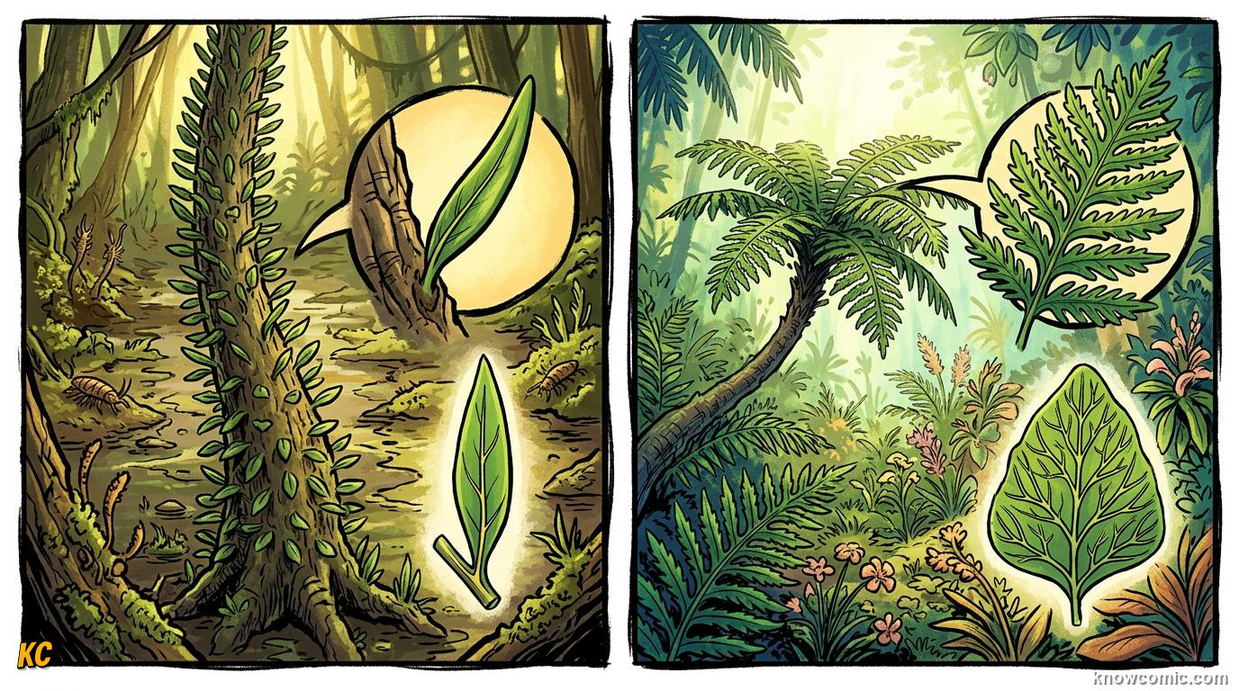 Comic panel about the origin of leaves: Not One Invention, educational kids illustration