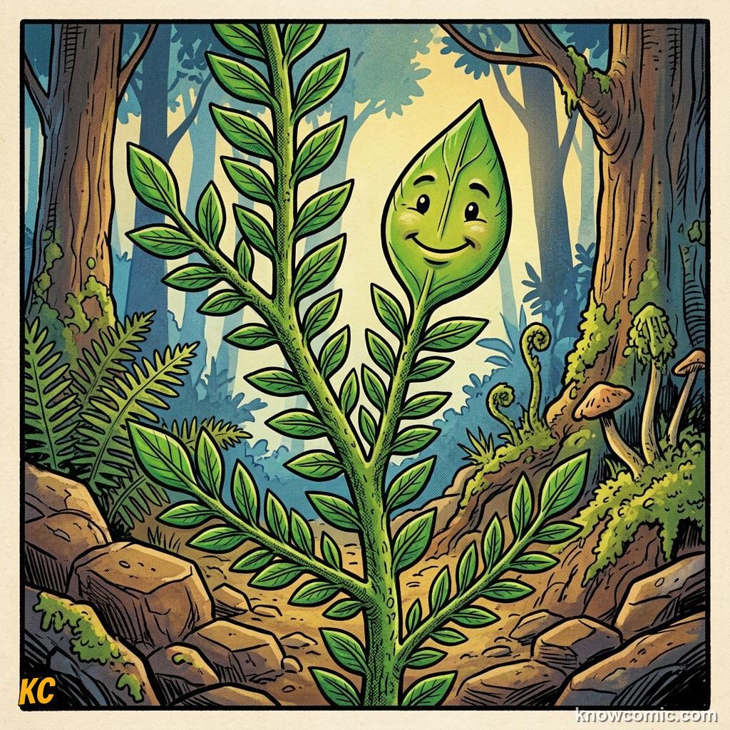 Comic panel about the origin of leaves: Microphylls, educational kids illustration