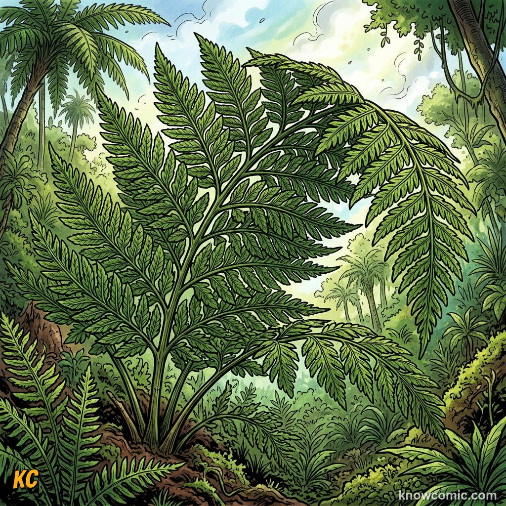 Comic panel about the origin of leaves: Megaphylls, educational kids illustration