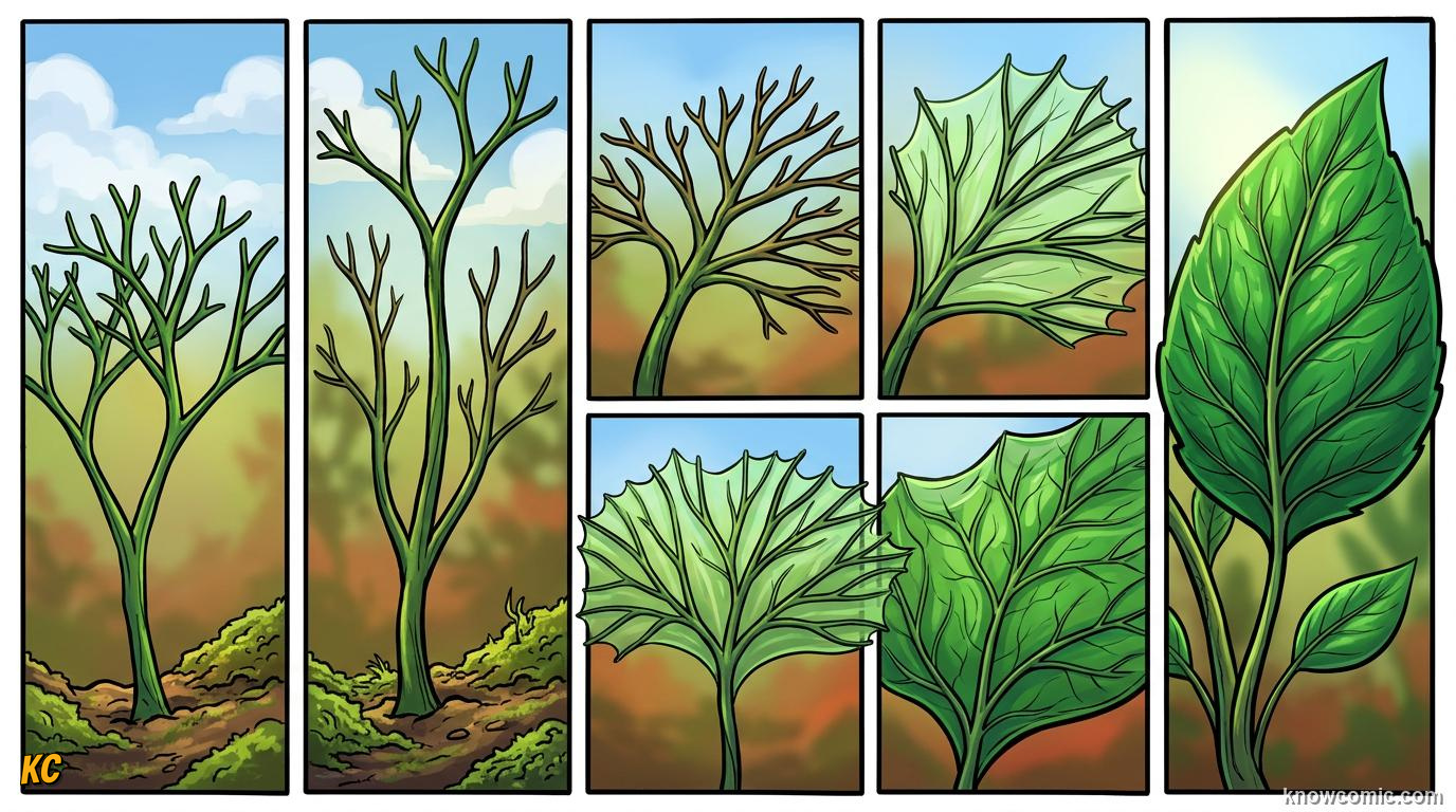 Comic panel about the origin of leaves: Leaves Evolved At Least Twice, From Branches To Blades, educational kids illustration