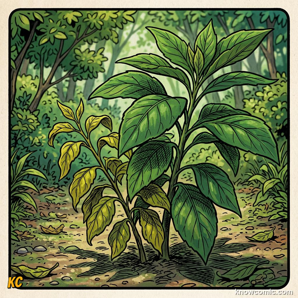 Comic panel about the origin of leaves: Branches Flattened Into Leaves, Overtopping, educational kids illustration