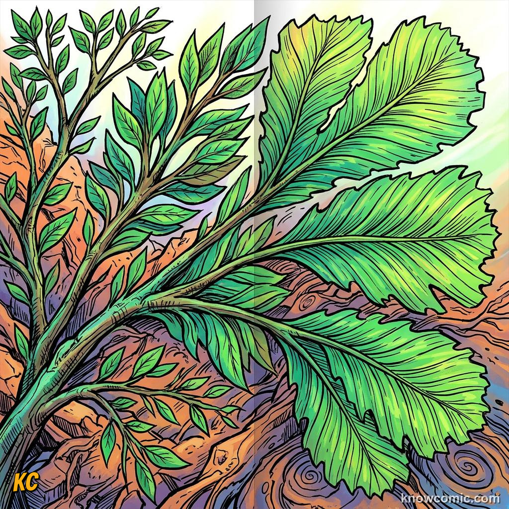 Comic panel about the origin of leaves: Planation, educational kids illustration