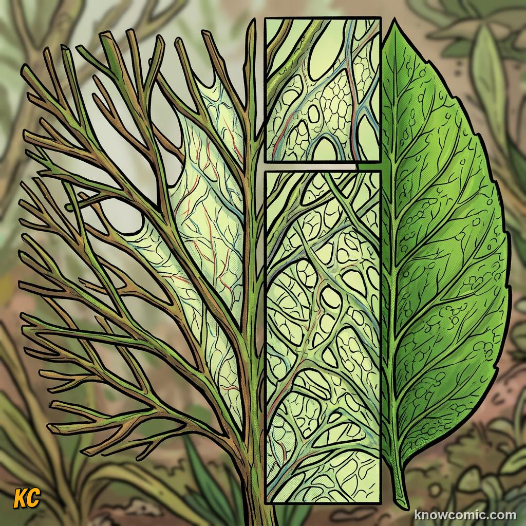 Comic panel about the origin of leaves: Webbing, educational kids illustration