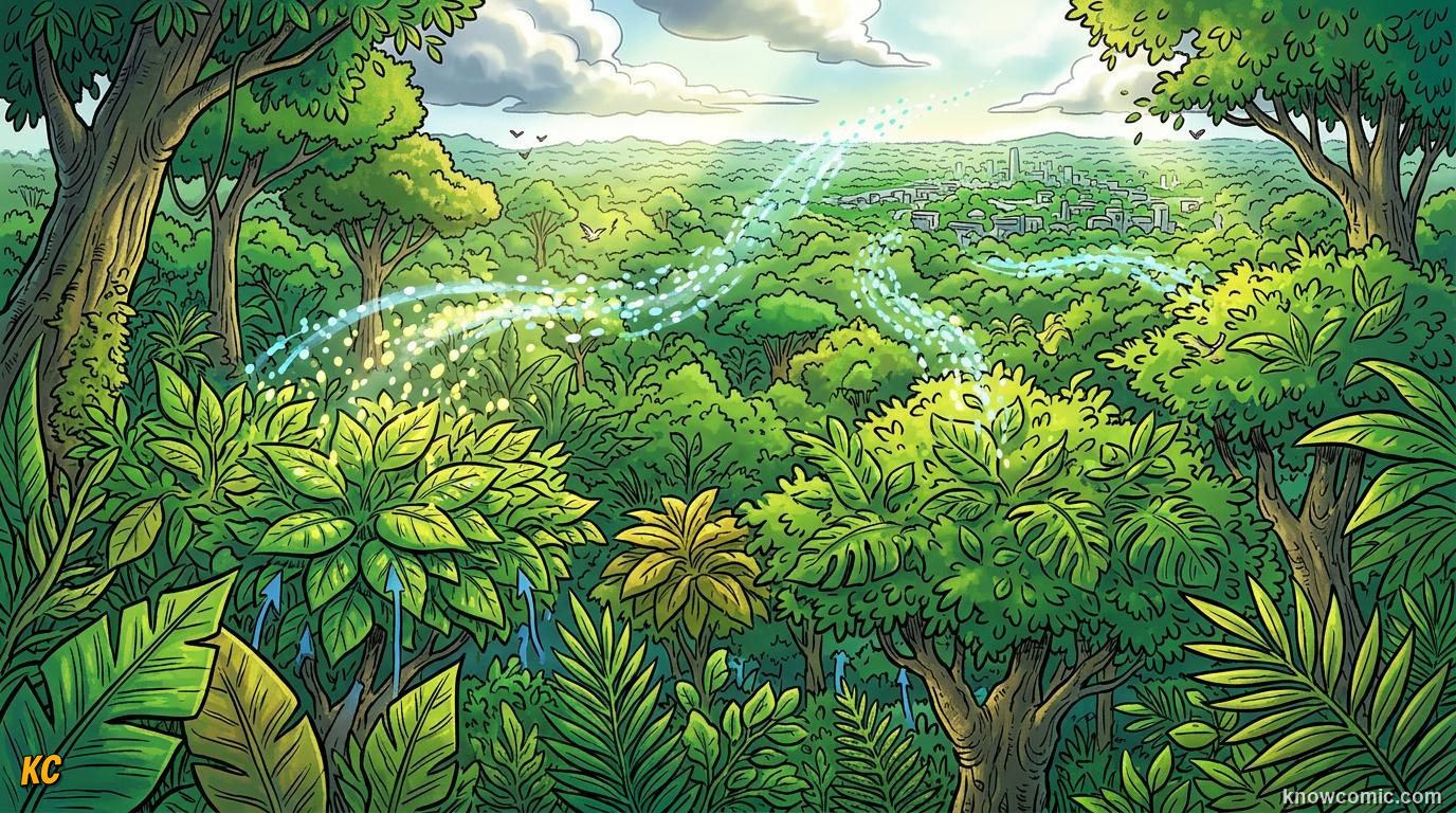 Comic panel about the origin of leaves: The Leaf Revolution, educational kids illustration
