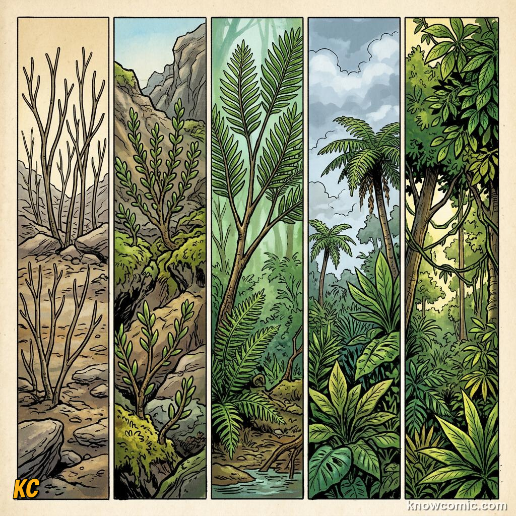 Comic panel about the origin of leaves: Photosynthesis At A New Scale, Takeaways, educational kids illustration