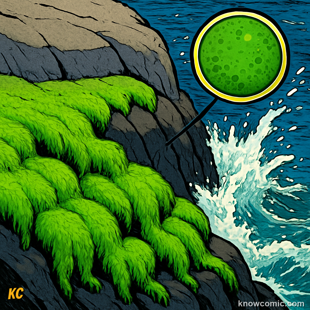 Green algae clinging to wet coastal rocks at the waterline before land colonisation