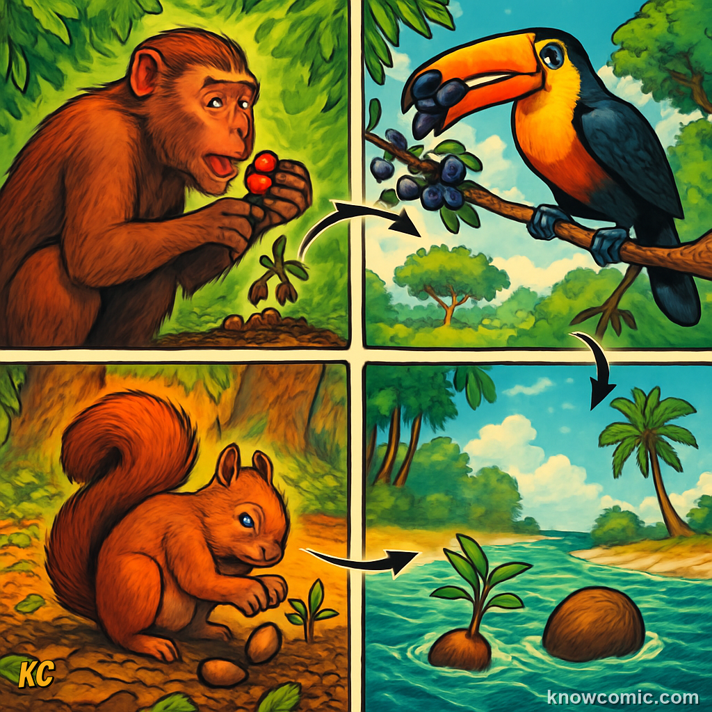 Birds eating fruit and spreading seeds far from the parent plant through digestion