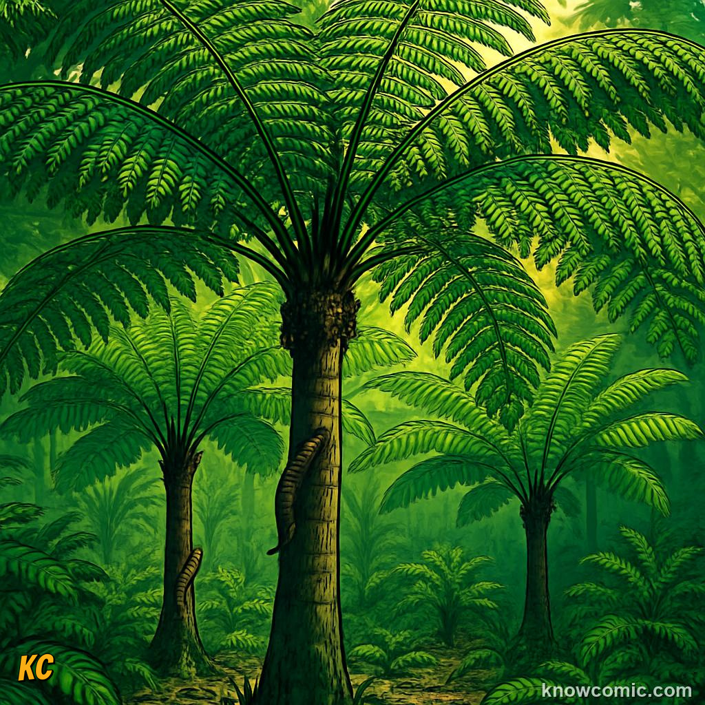 Tree ferns towering over prehistoric undergrowth providing shelter in ancient forests