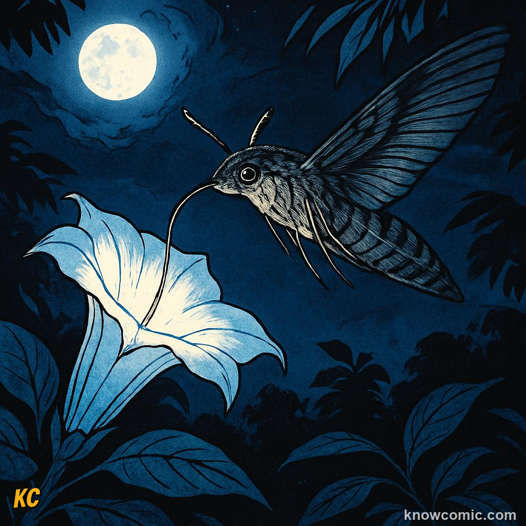 Hawkmoth pollinating white night flowers using its long tongue and powerful scent detection