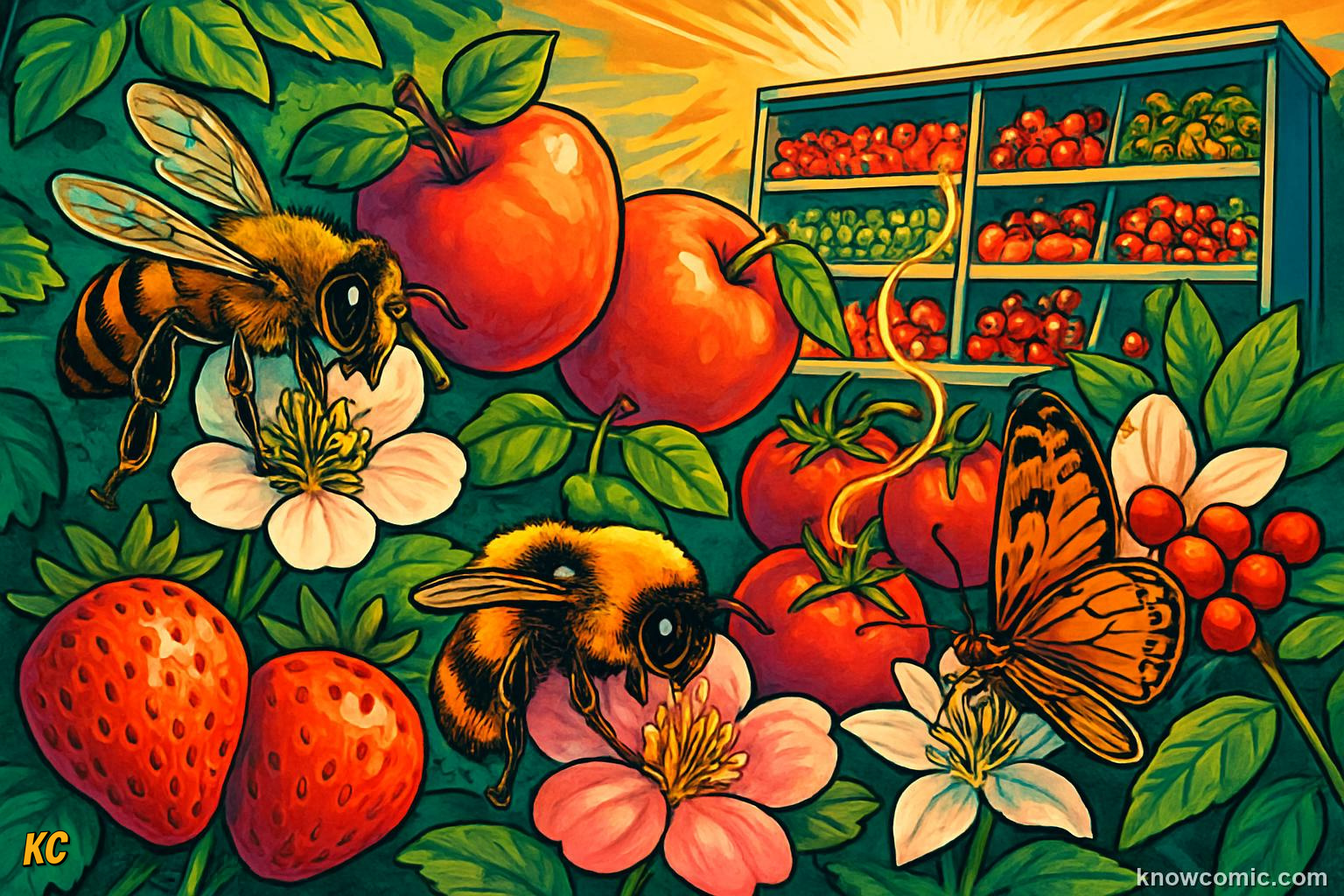 Food web showing how 75 percent of all food crops depend on insect pollinators