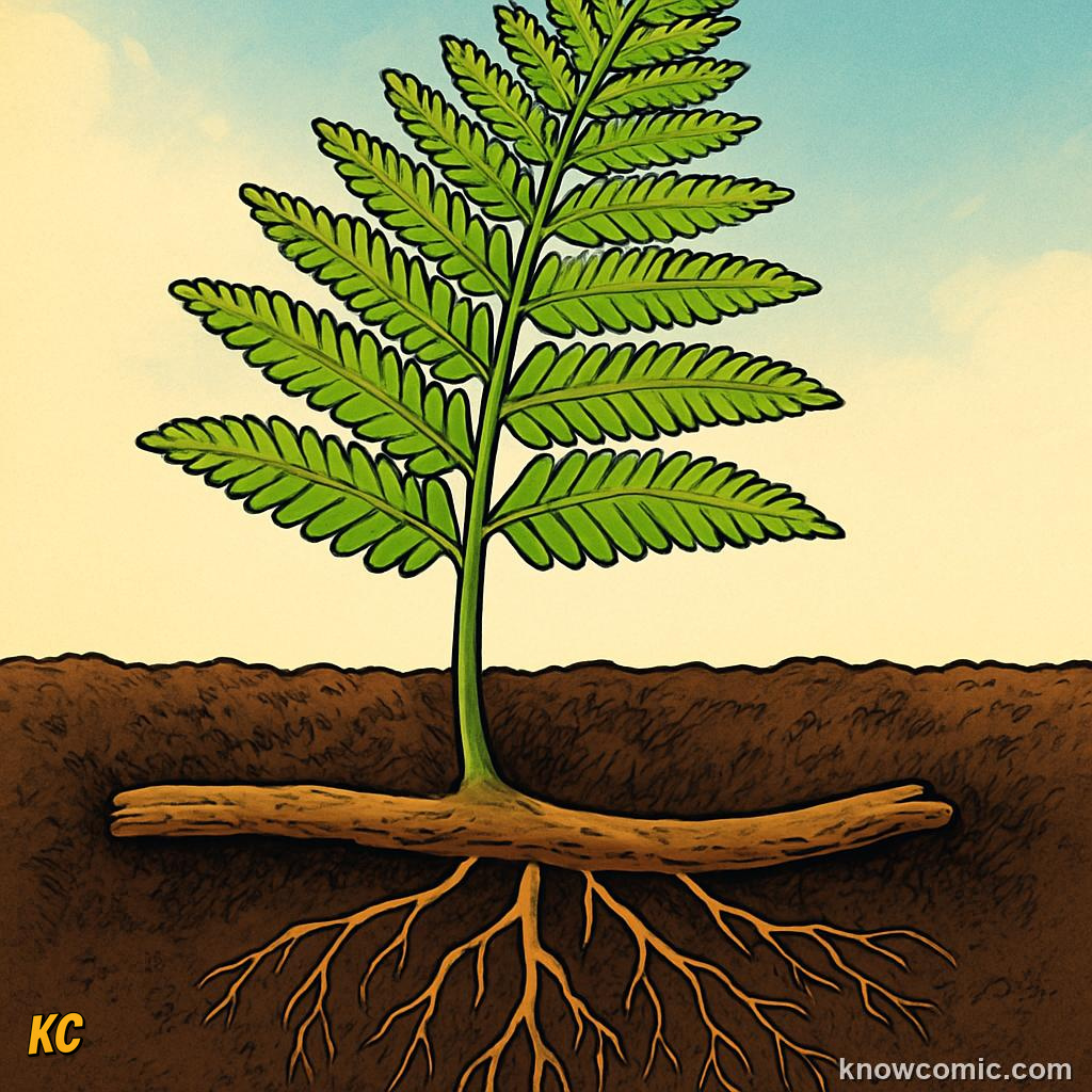 Fern anatomy diagram showing fronds divided into pinnae and underground rhizome stem