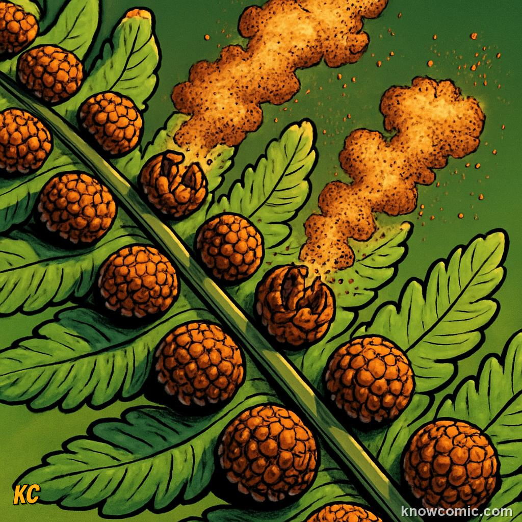 Sori dot clusters of spores under fern fronds releasing millions of tiny spores into air