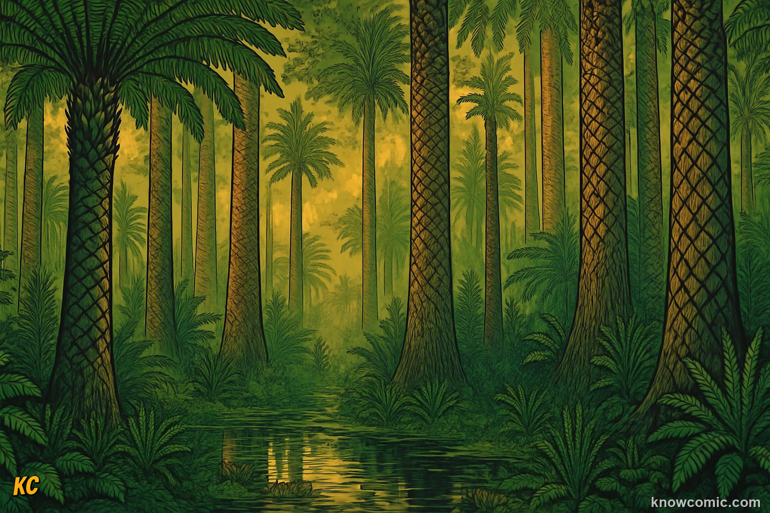 Vast Carboniferous fern forest with giant tree ferns dominating the humid swampy landscape