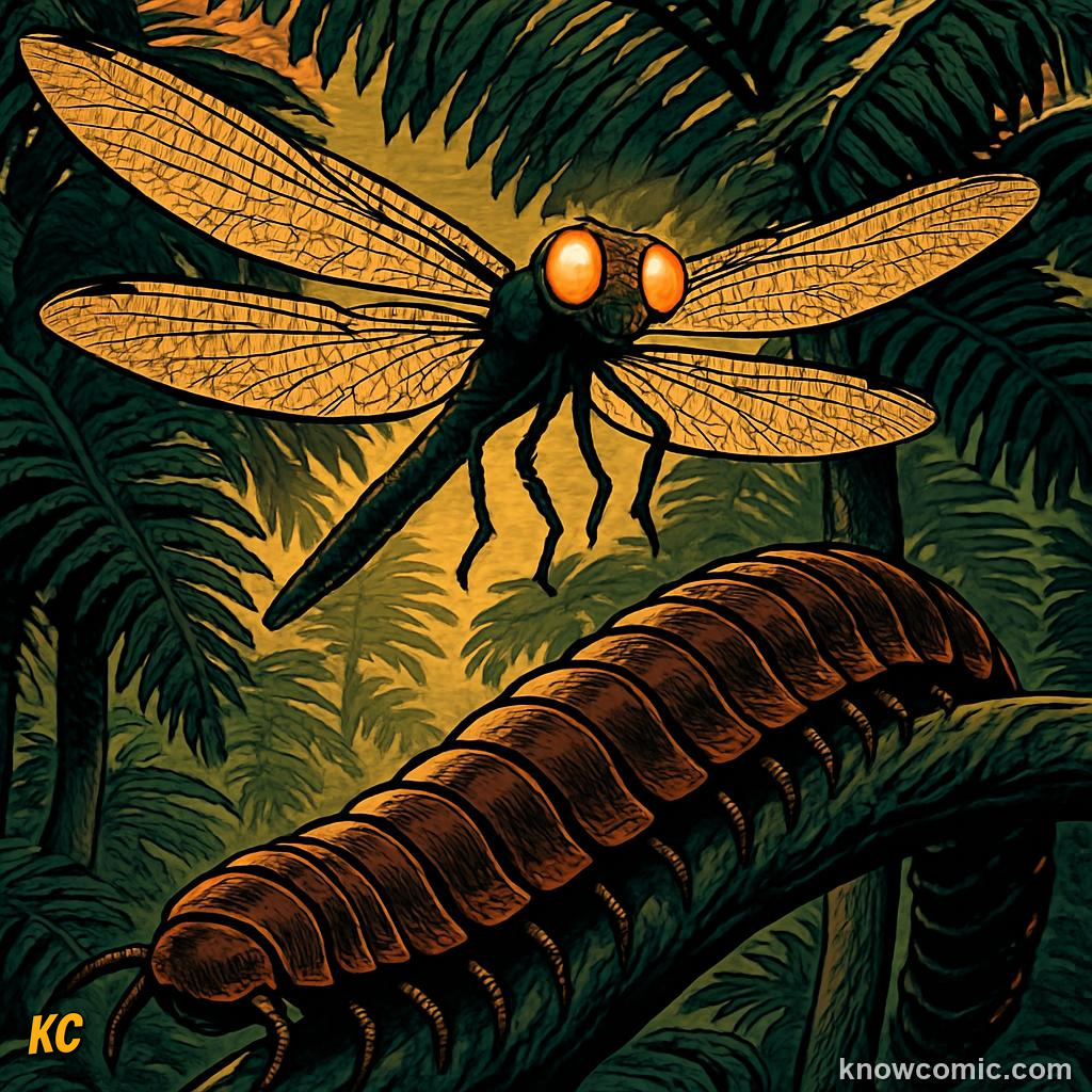 Giant Arthropleurid millipede 2.5 metres long crawling across Carboniferous fern forest floor