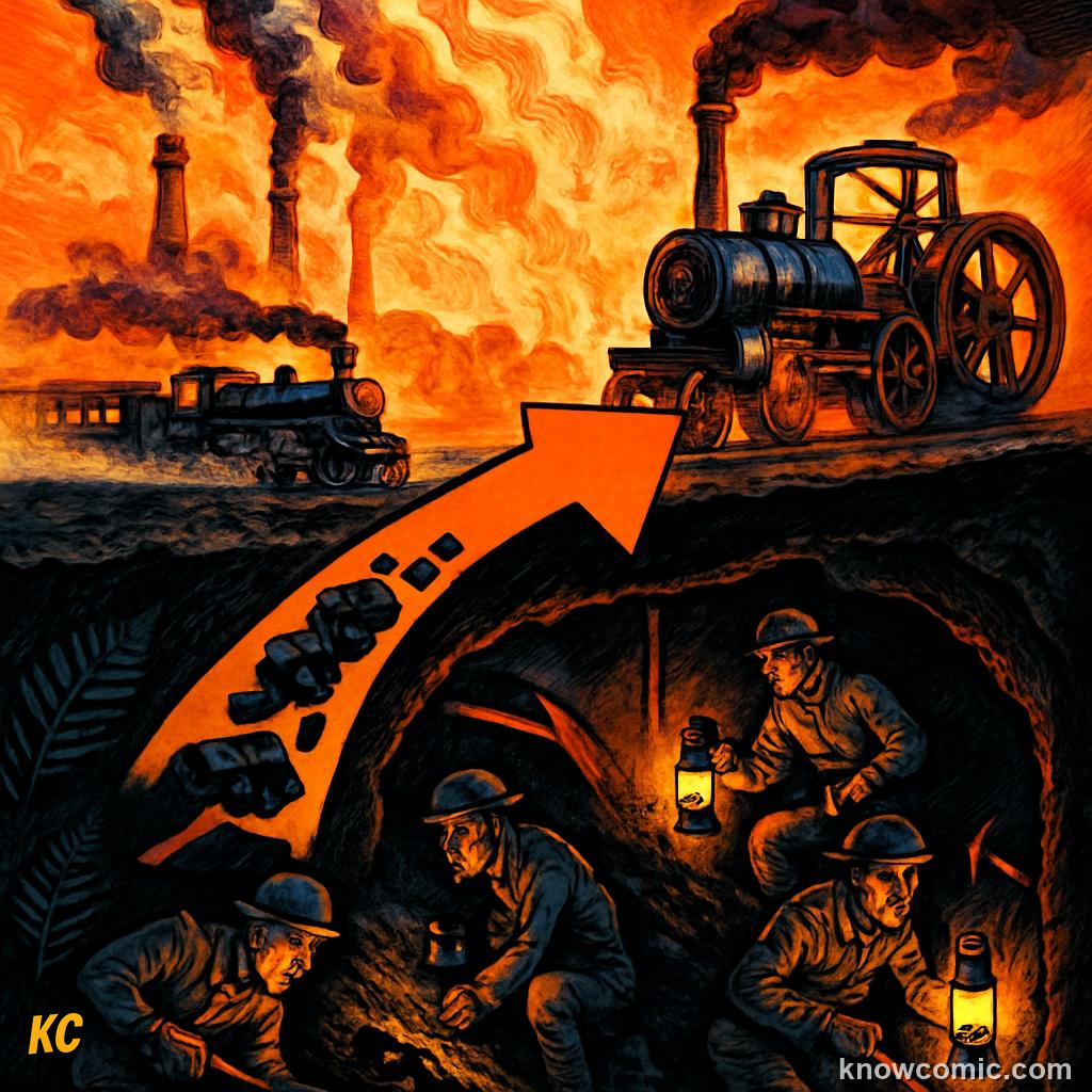 Industrial Revolution steam engine running on coal that was once ancient Carboniferous fern forest