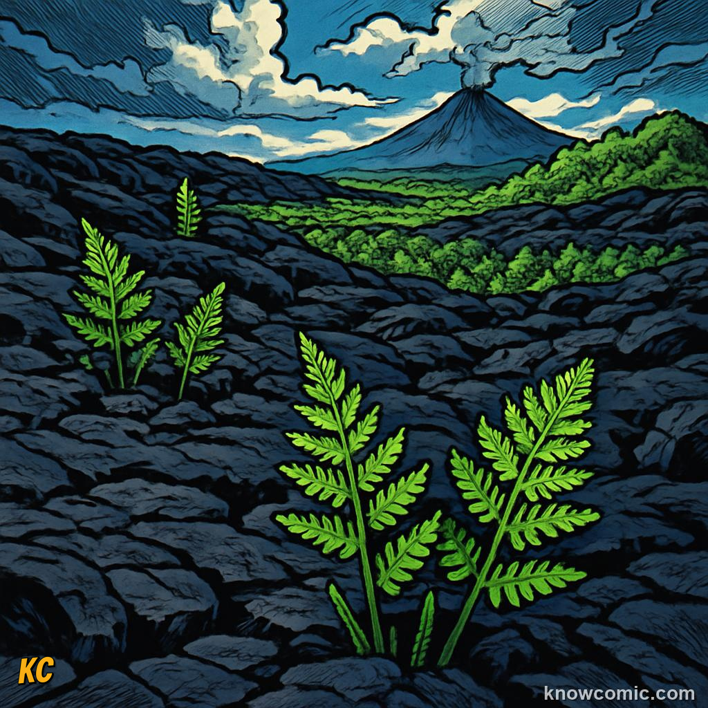 Pioneer ferns returning to bare volcanic ground as first plants after a major eruption