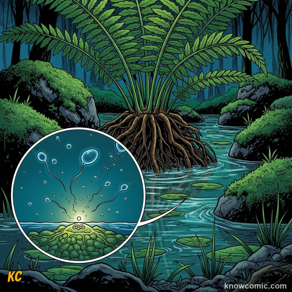 Fern sperm swimming through water film on soil to reach and fertilise an egg cell