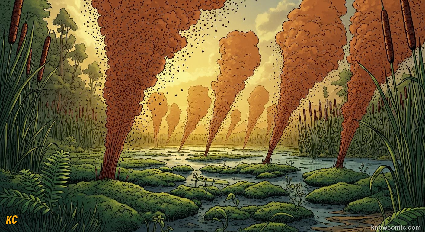 Fern releasing a cloud of microscopic spores into the wind that need water to reproduce