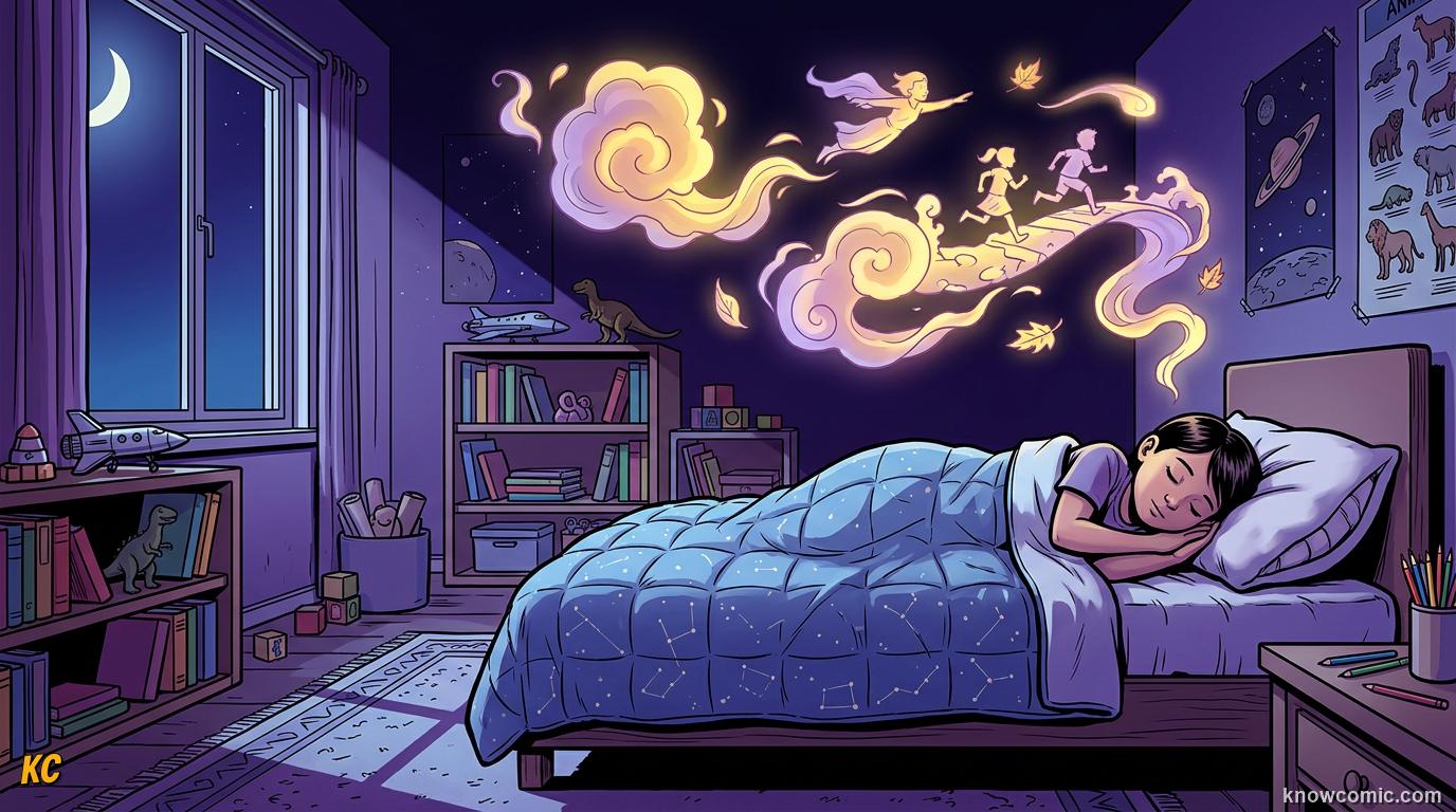 A child asleep in bed at night while glowing dream shapes drift above the pillow