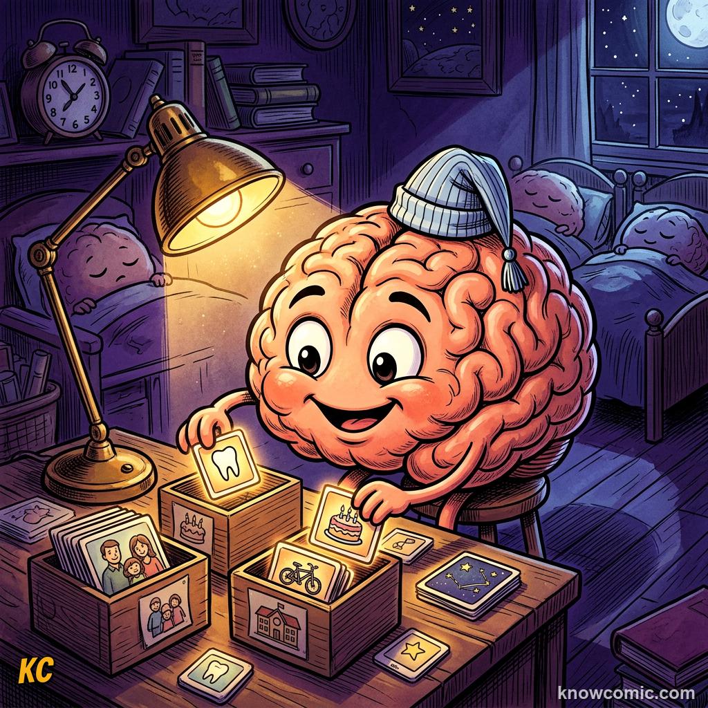 Cartoon brain working busily at a desk while the body sleeps