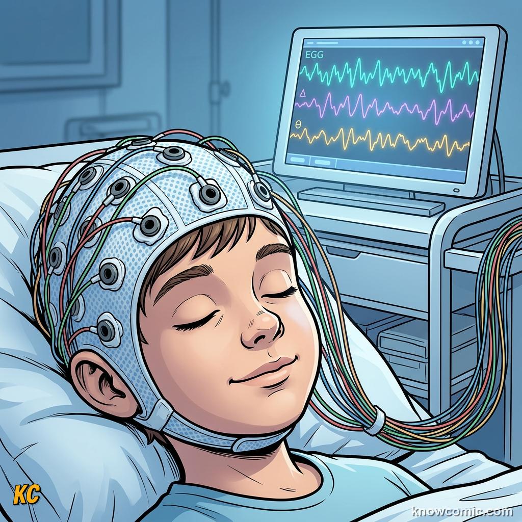 Sleep scientist watching brain wave lines from electrodes on a sleeping volunteer