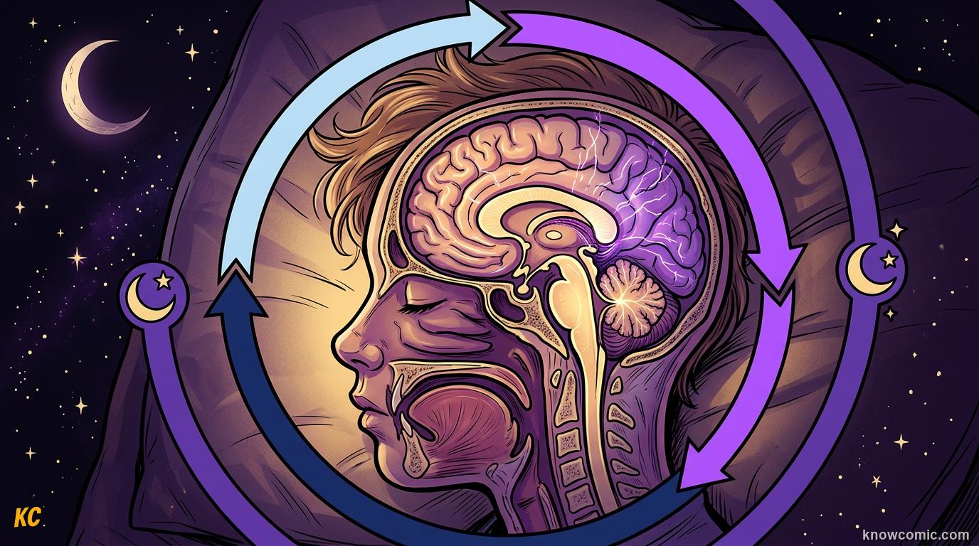 Diagram of a sleeping head showing the ninety minute sleep cycle repeating through the night