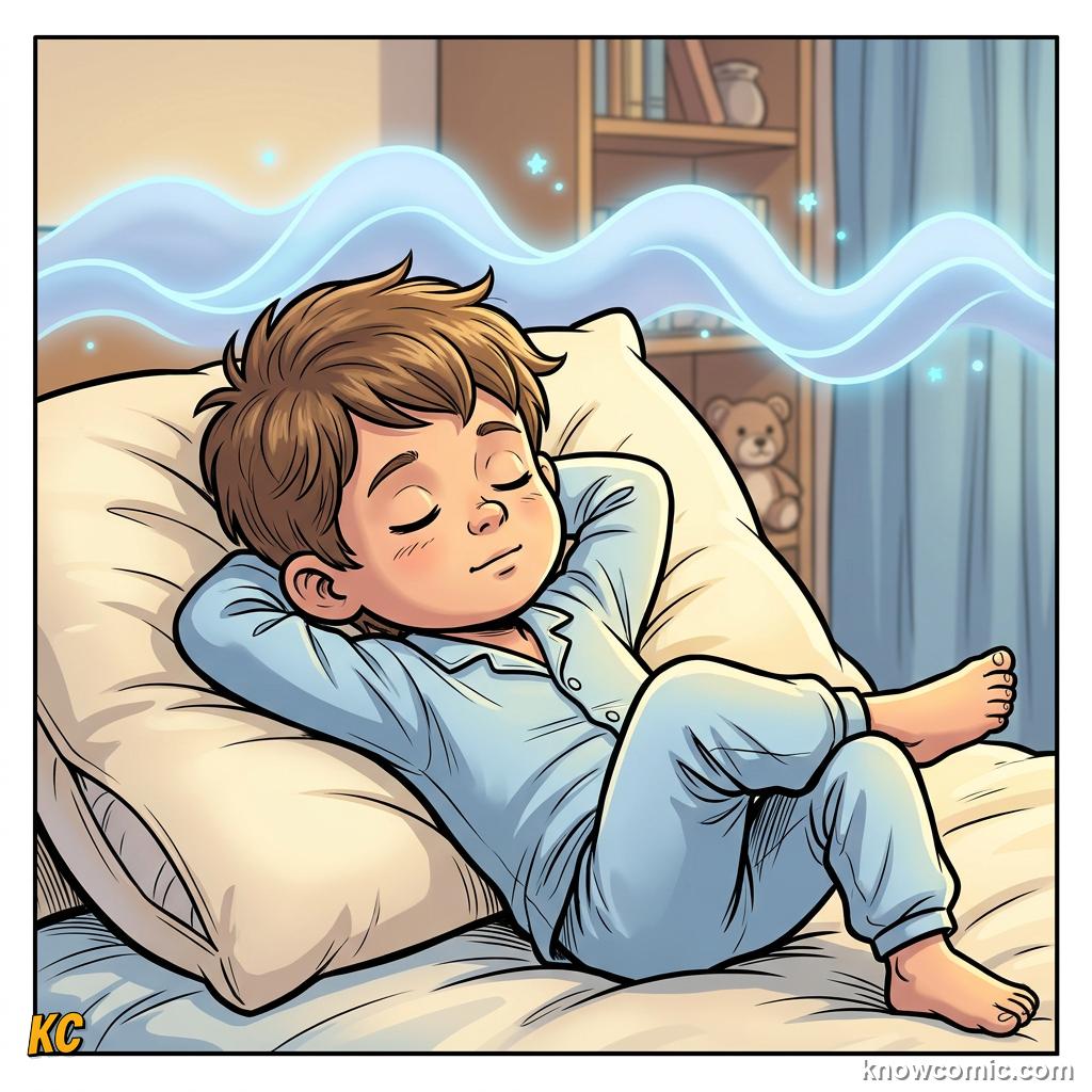 Person drifting into light sleep with calm rolling brain waves behind them