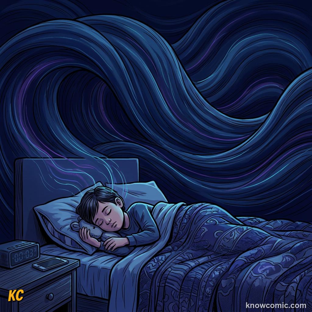 Deeply sleeping figure surrounded by slow heavy brain waves in the dark