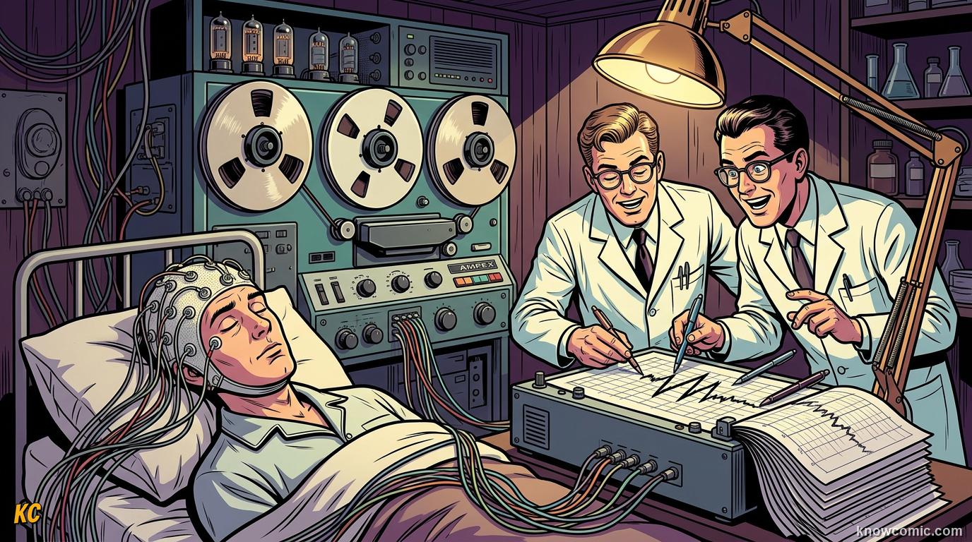 Scientist in a 1950s laboratory noticing a sleeping volunteer's eyes moving quickly