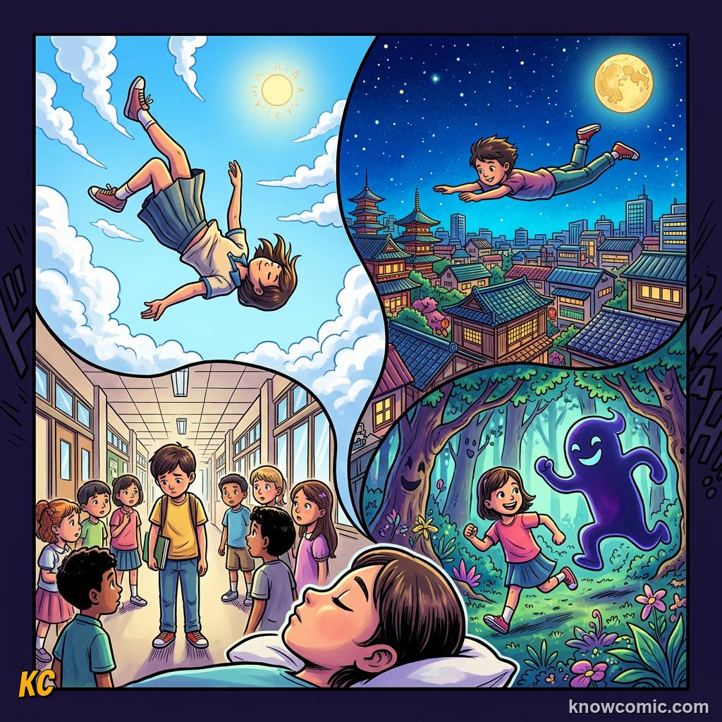 Comic strip of common dream scenes including falling, flying and being chased