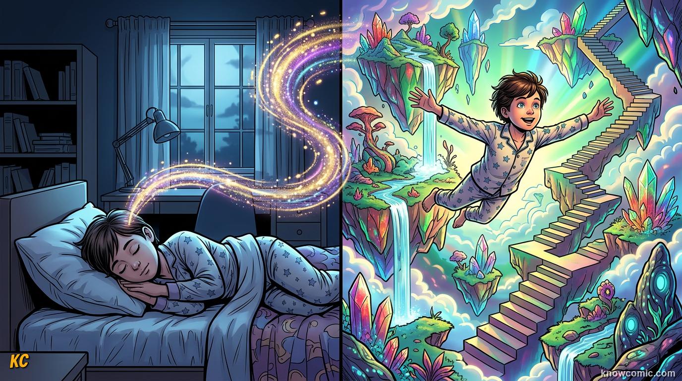 Dreamer realising they are dreaming and flying above a glowing dream landscape