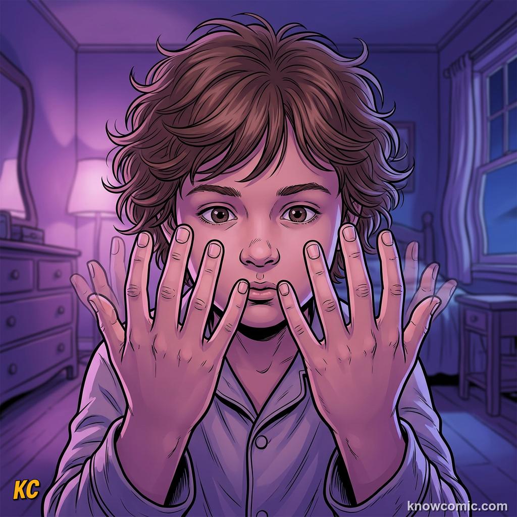 Person staring at their own hands to check whether they are dreaming