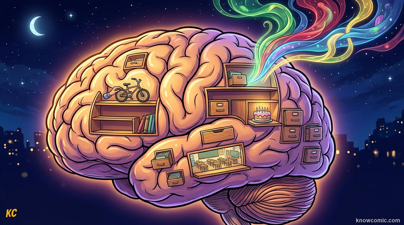 Glowing brain sorting the day's memories into shelves while dream images swirl around it