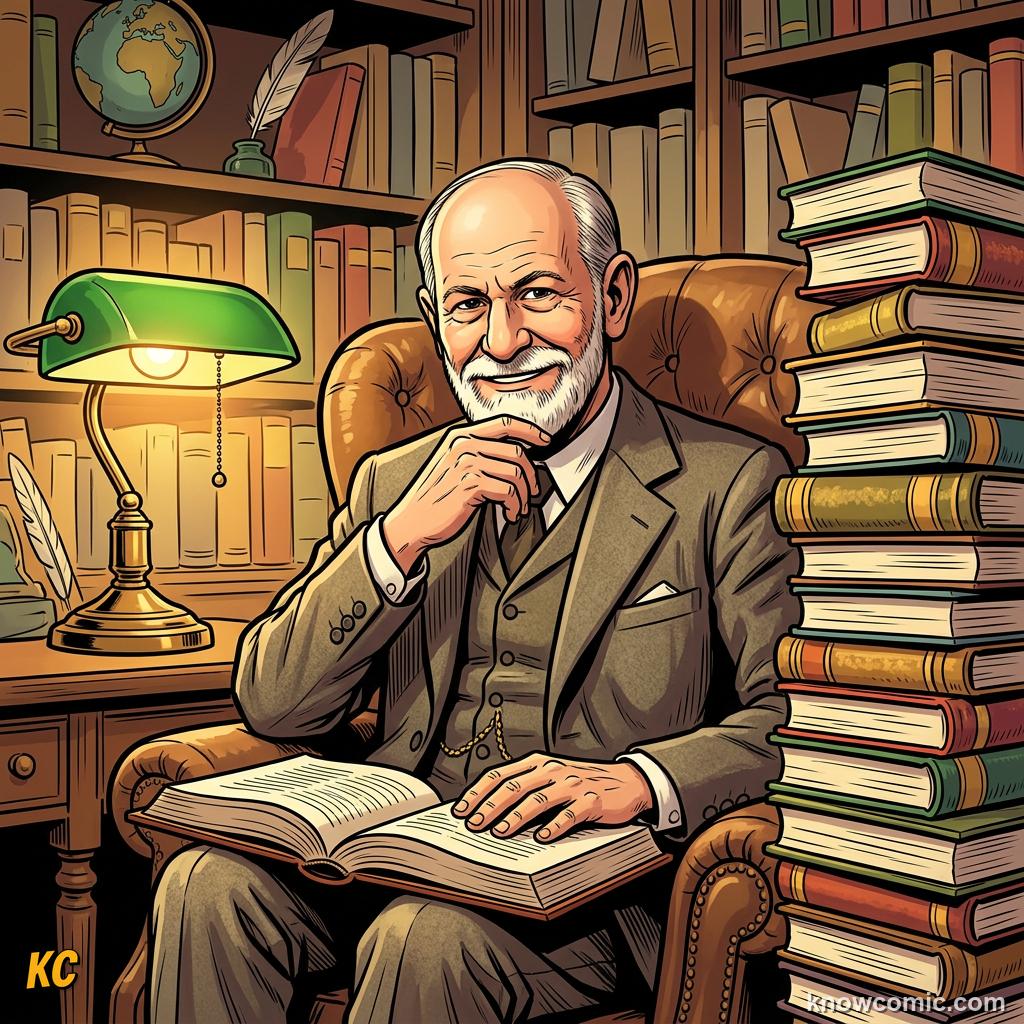 Comic portrait of Sigmund Freud beside his famous book about dreams