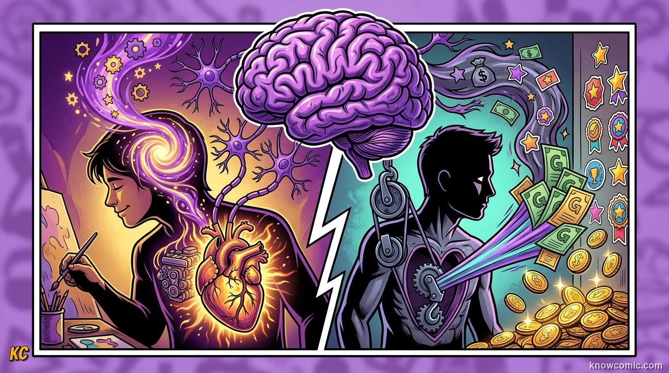Comic illustration: intrinsic motivation from inside versus extrinsic rewards from outside