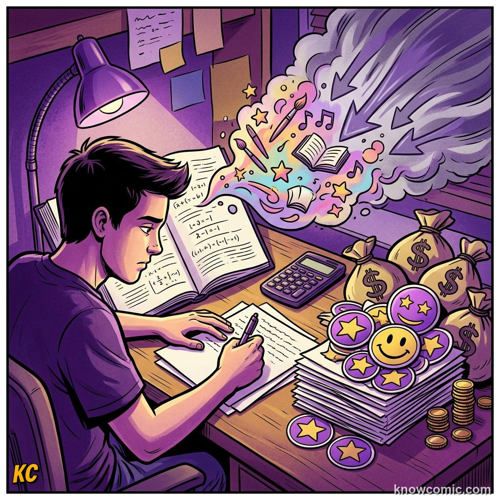 Comic illustration: external rewards like stickers grades and money motivating behavior