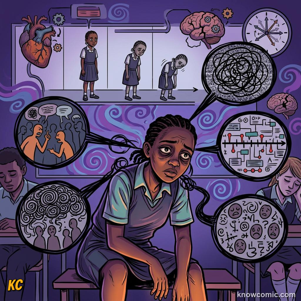 Comic illustration: chronic stress from ongoing worry wearing down health over time
