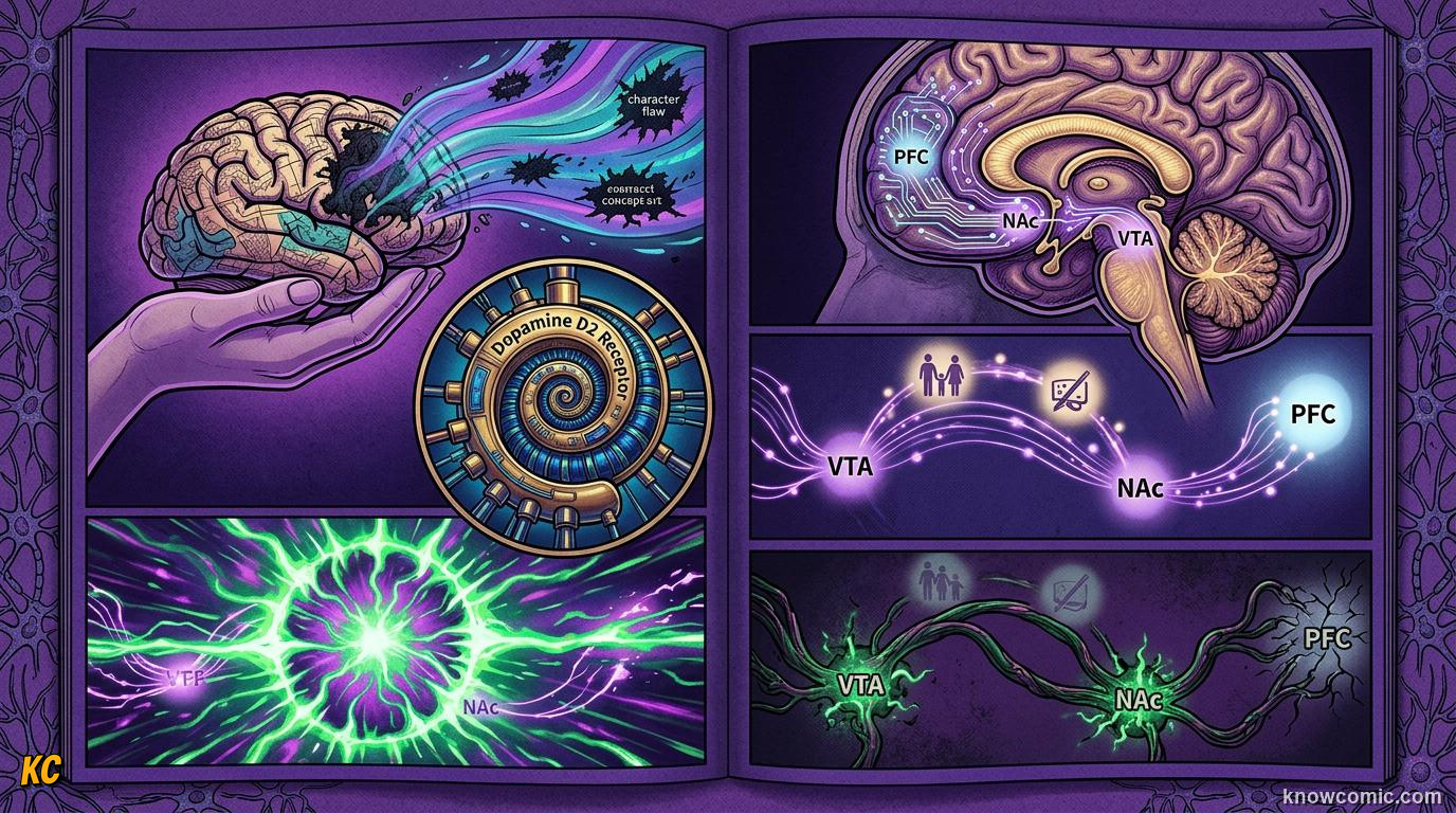 Comic illustration: brain reward pathway hijacked by addiction, showing dopamine circuits not weakness of character