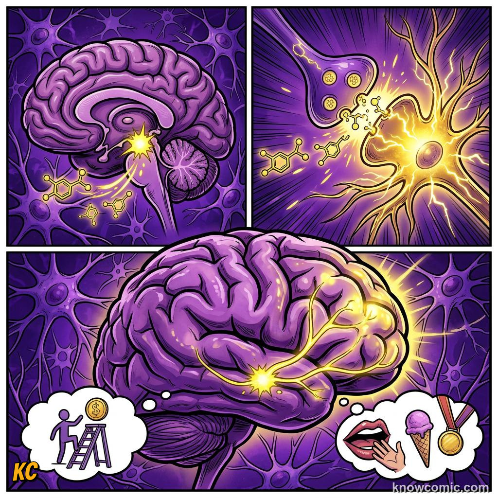 Comic illustration: dopamine chemical messenger signaling reward and motivation in the brain