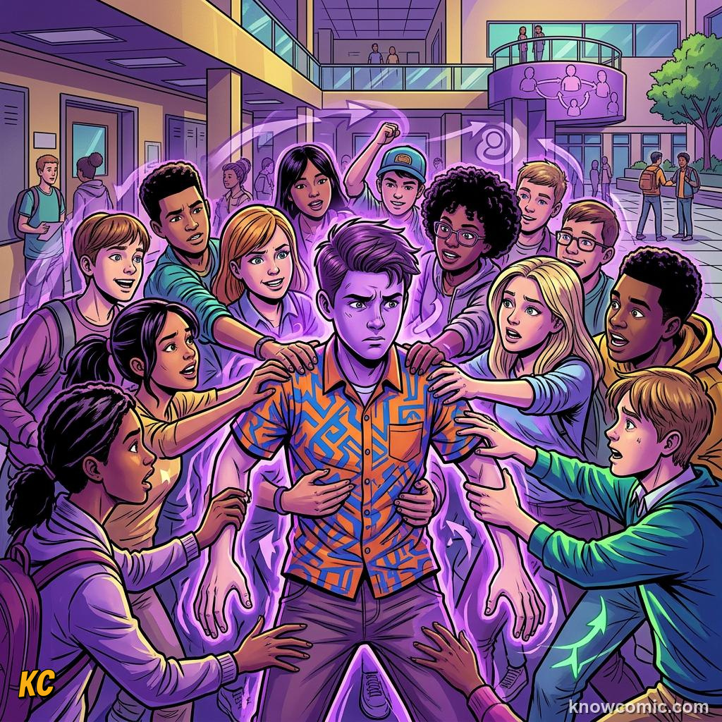 Comic illustration: crowd of people influencing individual behavior and emotions