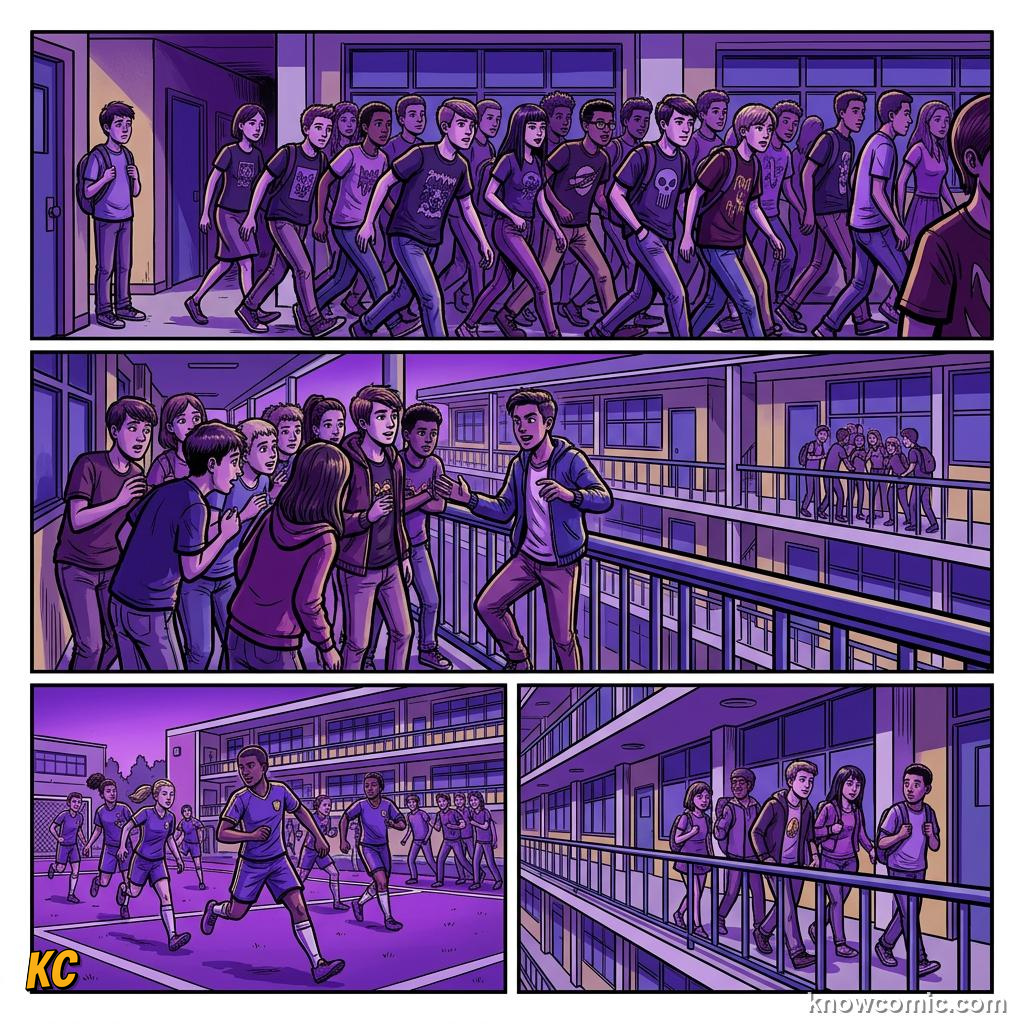 Comic illustration: everyday social situations like school hallway and sports team showing group influence