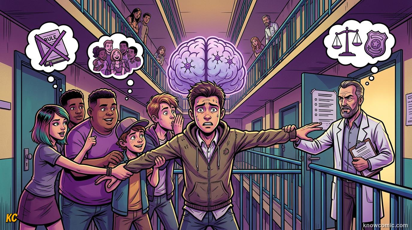 Comic illustration: group peer pressure versus obeying an authority figure in a psychology experiment